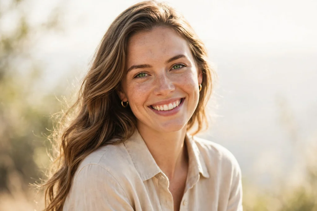 Smiling woman in soft everyday daylight photo