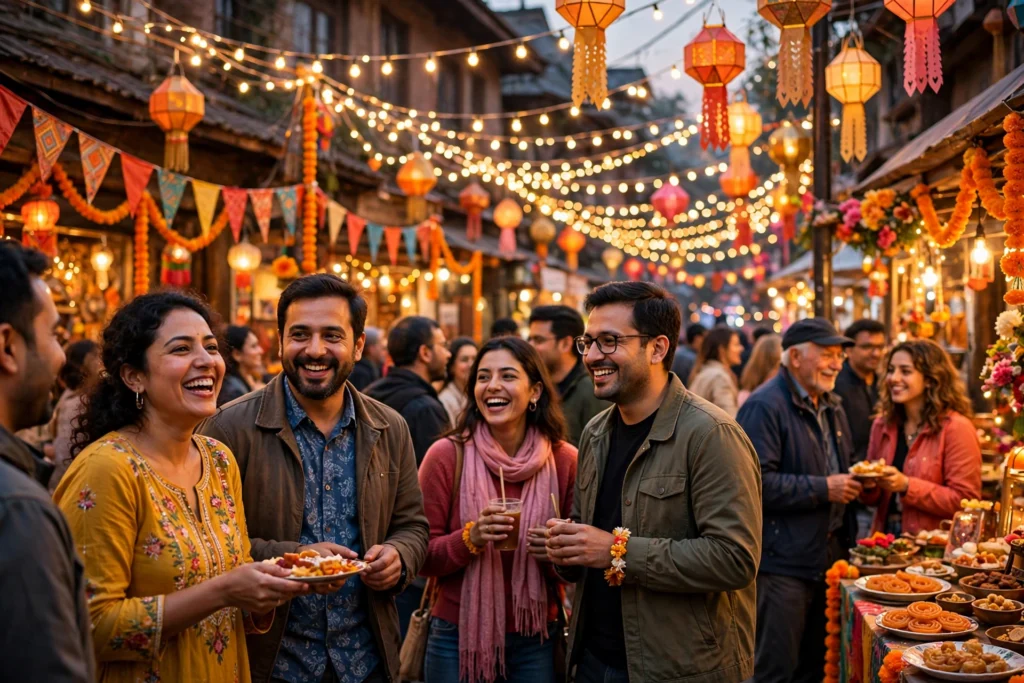 Joyful festival celebration with bright lights and happy people