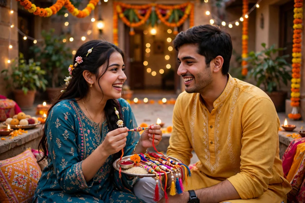 Raksha Bandhan celebration with a brother and sister in festive clothes