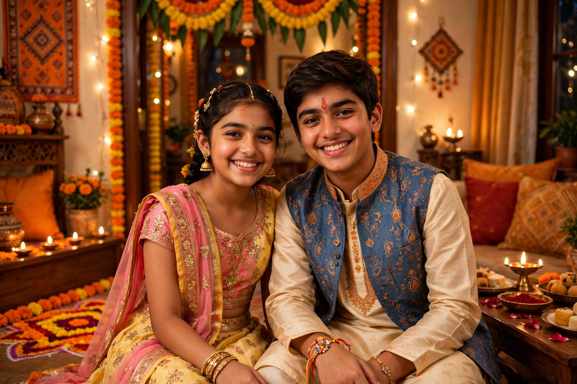 Brother and sister in festive clothes celebrating Raksha Bandhan