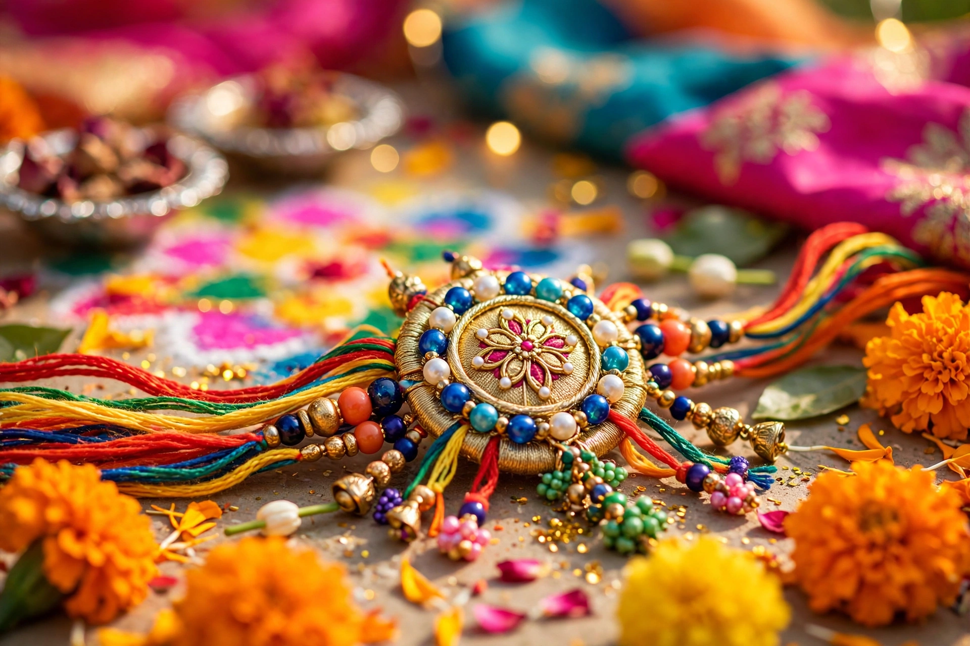 Close-up of a decorative rakhi on a wrist