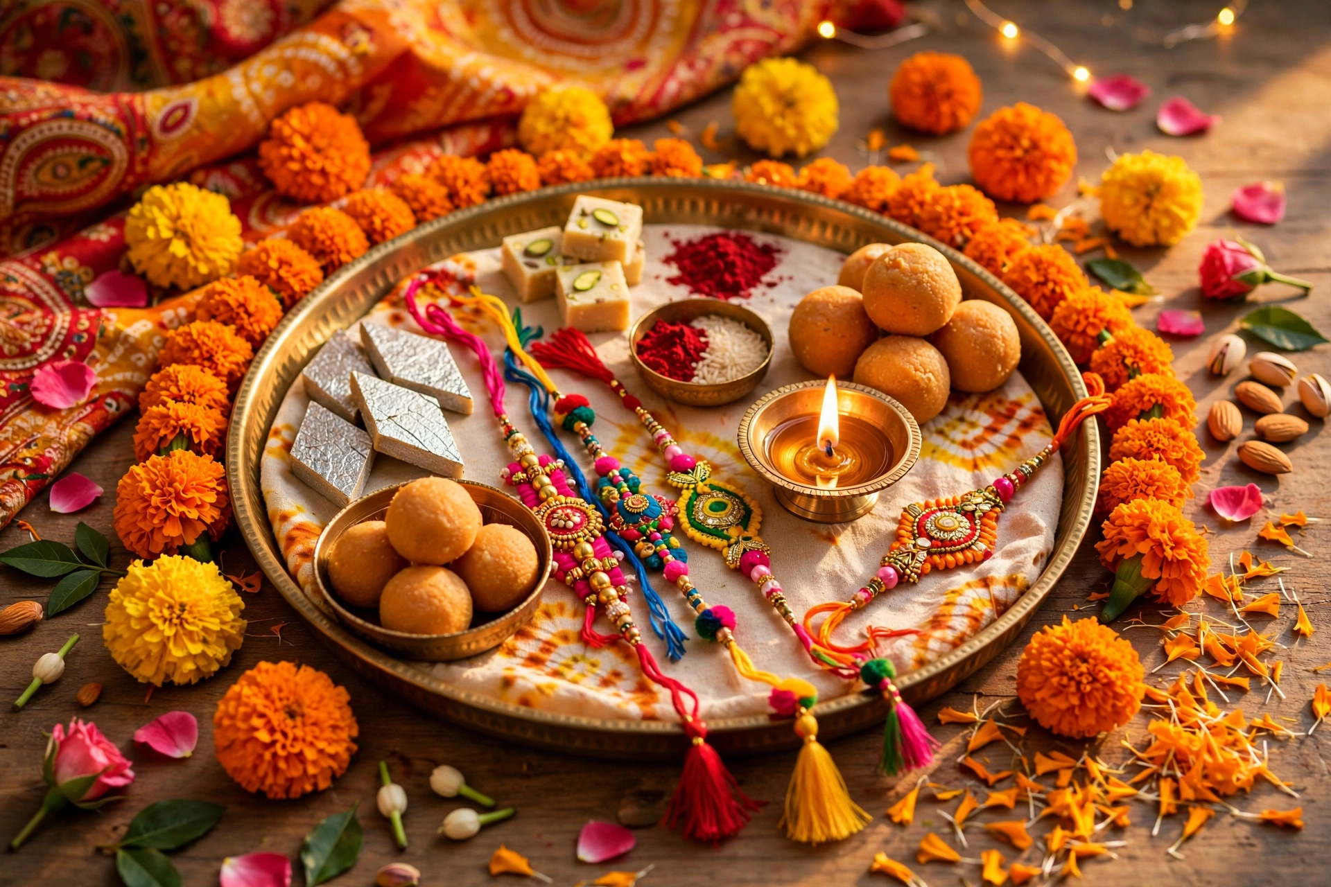 Decorated Raksha Bandhan thali with rakhi, sweets and diya