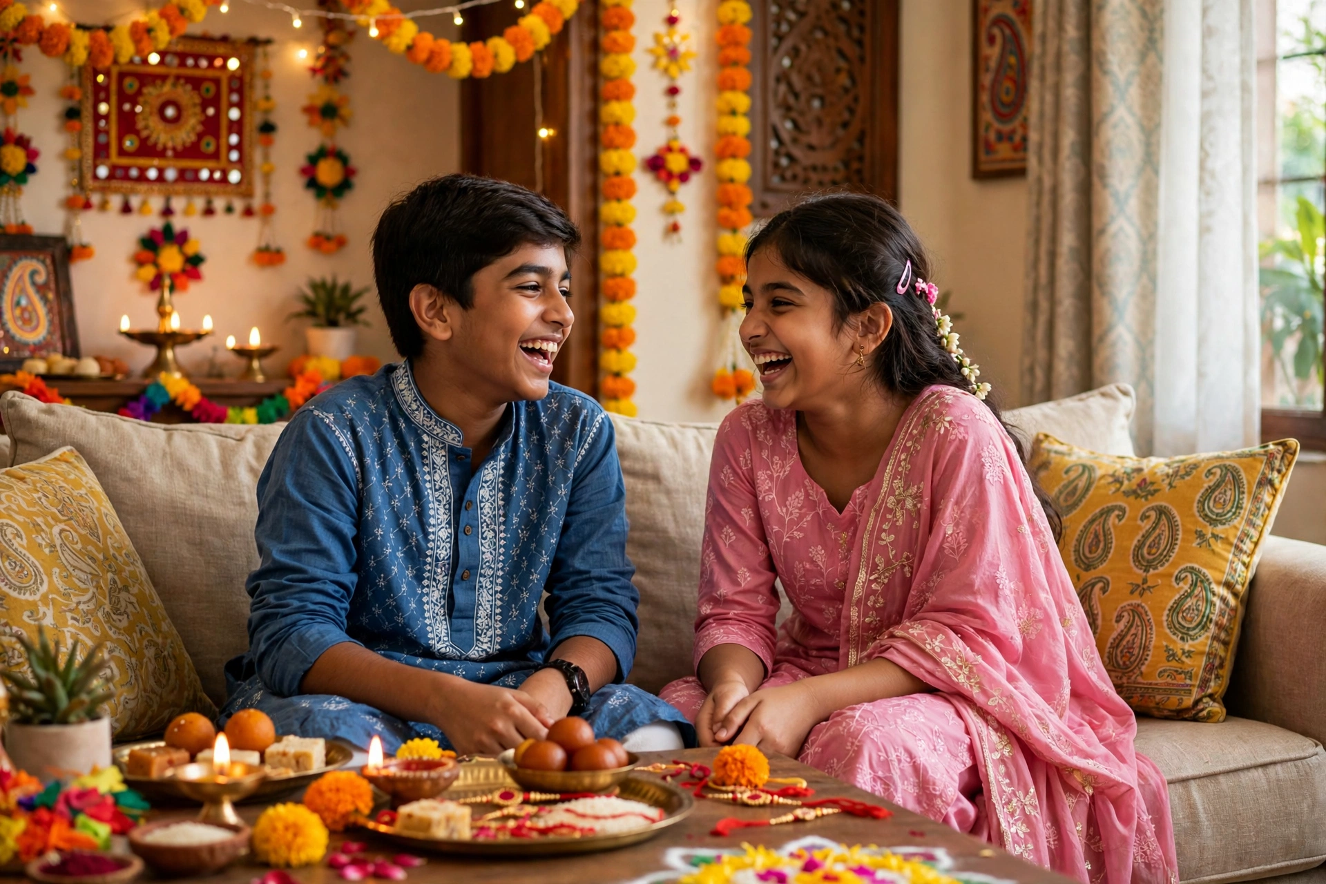 Brother and sister laughing together at Raksha Bandhan