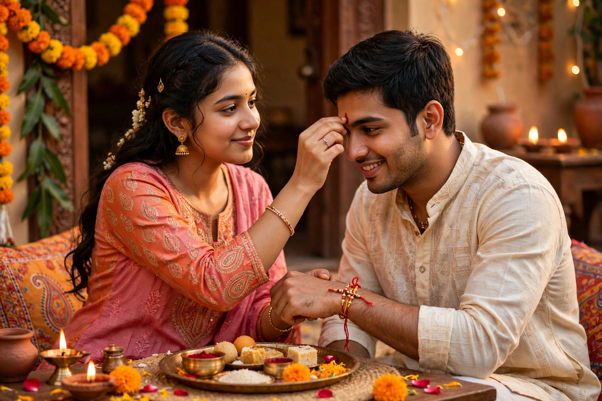 Applying tilak during a traditional Raksha Bandhan celebration