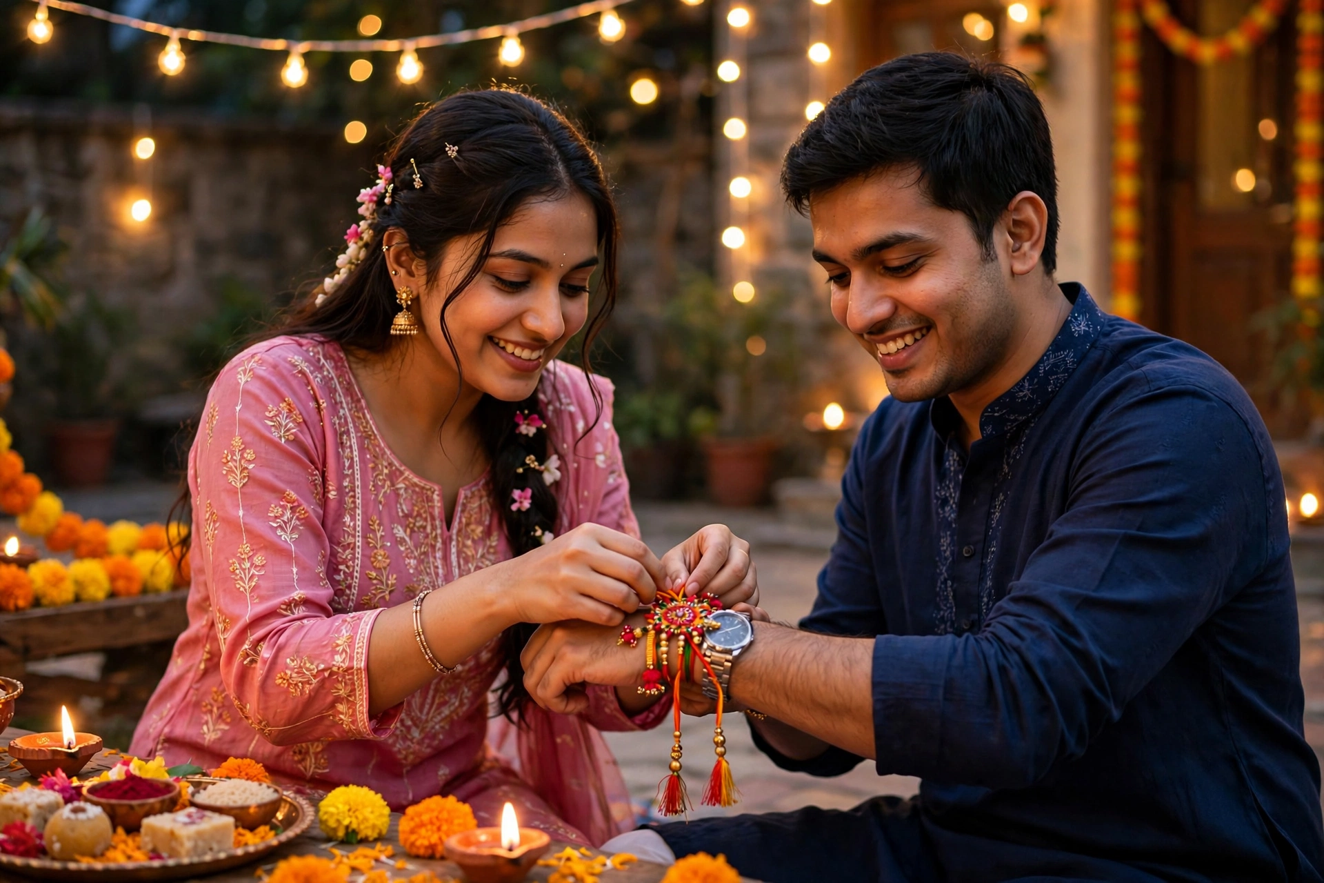 Sister tying a rakhi on her brother's wrist during Raksha Bandhan
